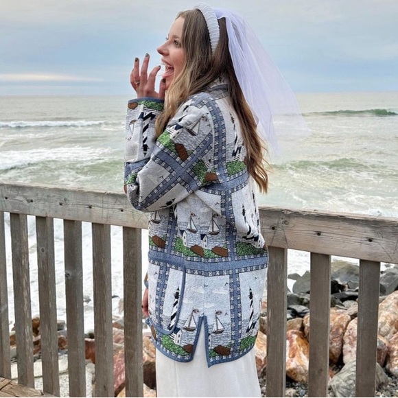 BLAIR Vintage Tapestry Blazer Jacket Lighthouse Nautical Anchor Buttoned M - Picture 1 of 11
